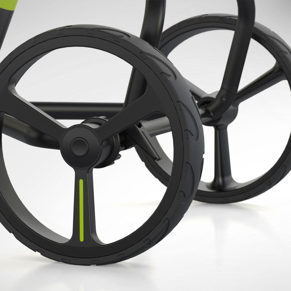 Golf Trolley Wishbone ONE Megalight Deep Treaded Rubber Tyres, Hard wearing deep treaded rubber tyres ensure good grip and stability on wet slopes and will provide a long service life even on the harshest of surfaces.