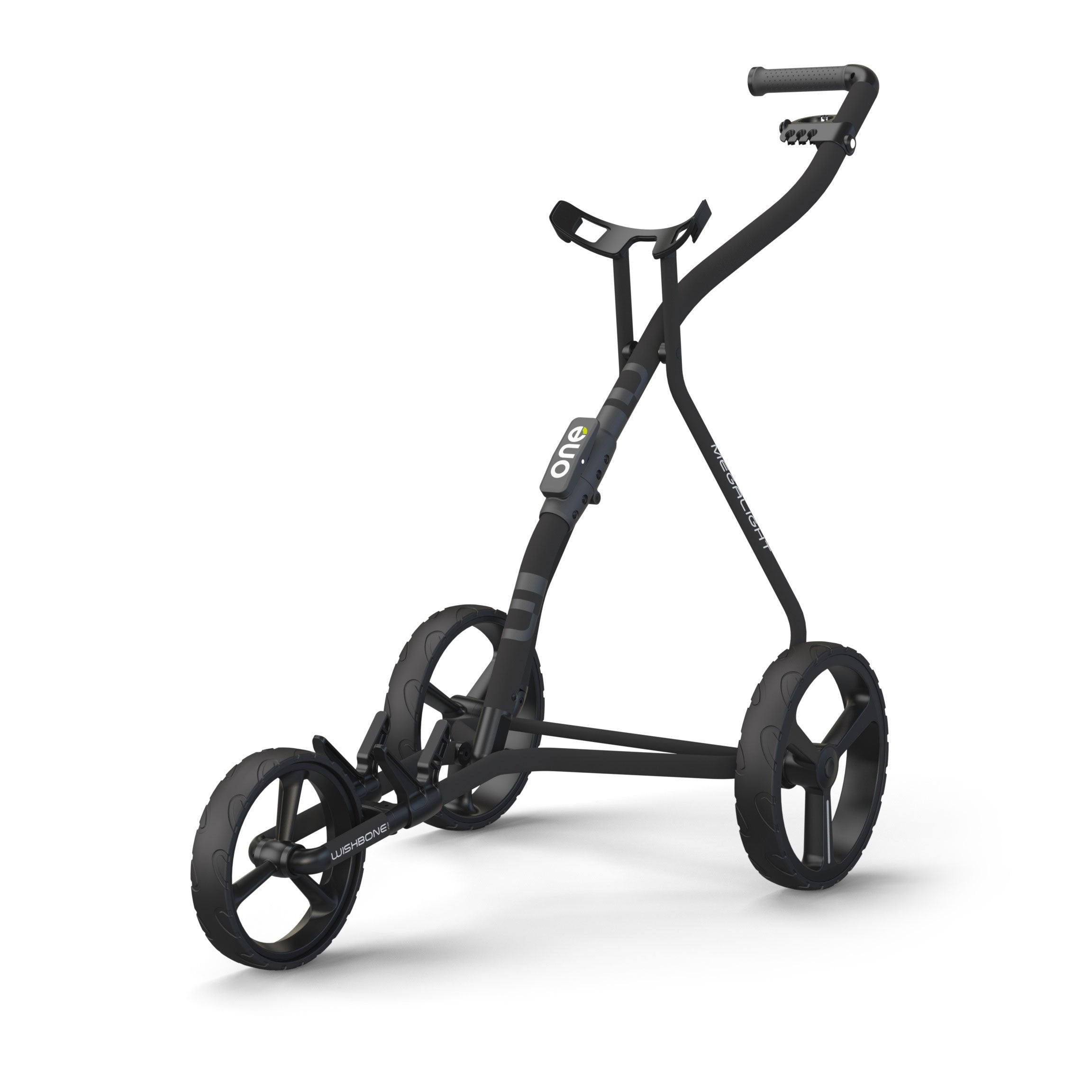 Golf Trolley Wishbone ONE Megalight Lightest Cart In Its Class, Utilizing the very latest materials and weight saving design, this cart (under 4 kg) is the lightest cart in its class by far. Maximum weight reduction and easy handling are based on a clear design concept. With high demands on the minimalistic design, this unique pushcart comes with surprising and modern technical solutions.